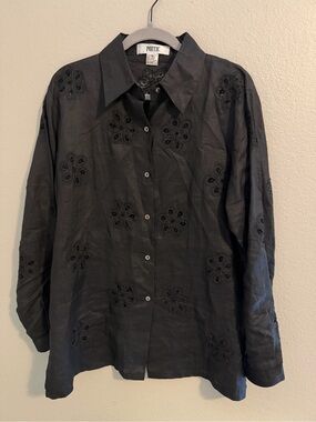 Vintage Poetic Black Ramie Cutwork Floral Button Up Blouse Size XL Artsy